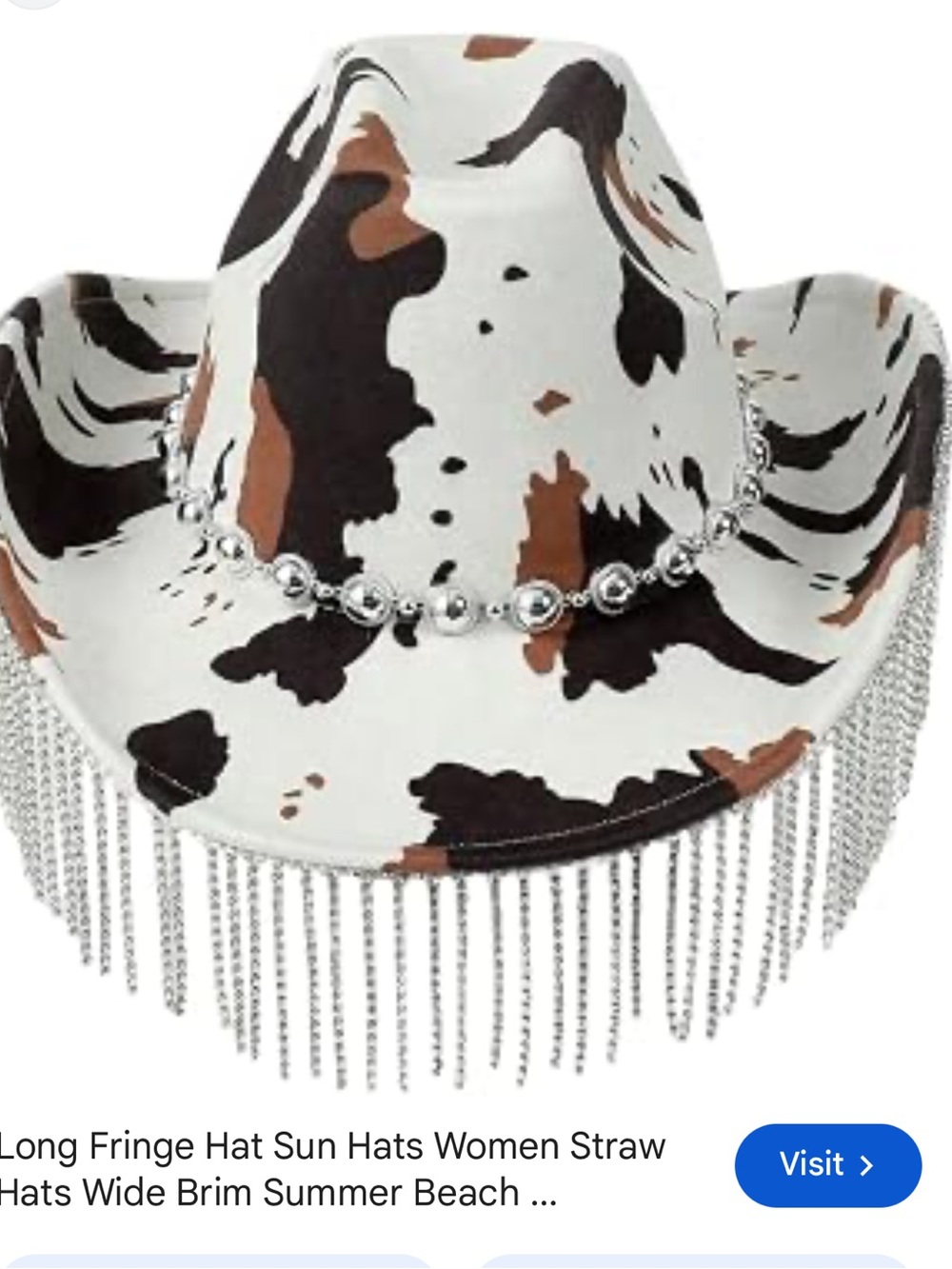 Cowhide Print Fringe Western Hat with Silver Bead Trim - Women